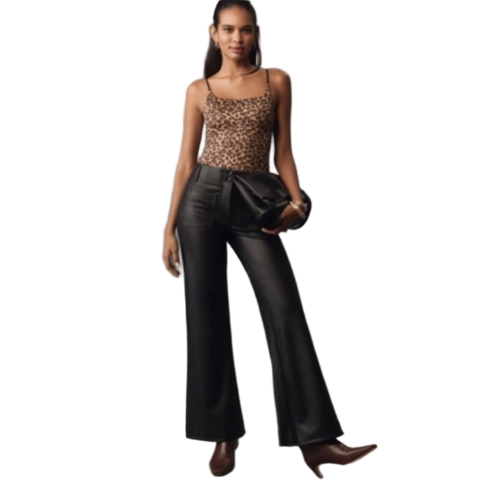 Anthropologie Maeve FAUX LEATHER HIGH-RISE WIDE-LEG FLARE pants black Sz 32, 34